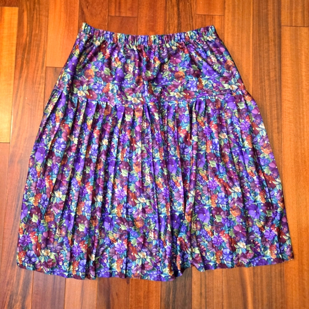 Vintage 80s Floral Purple Pleated Sz:16 Skirt Elastic Waist Midi Cottagecore